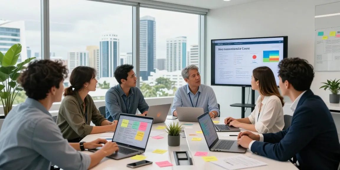 Professional marketing team brainstorming at a Marketing Agency Gold Coast with modern office views.