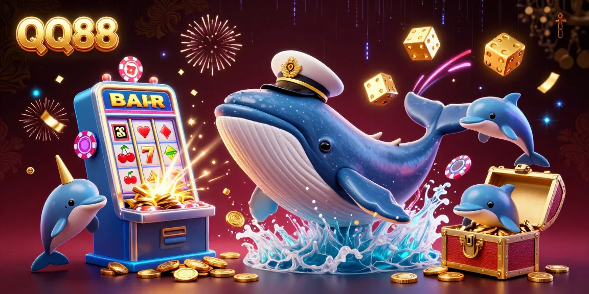 Experience the excitement of QQ88 with a vibrant 3D illustration featuring a cartoon whale and casino elements, capturing the thrill of online gambling.