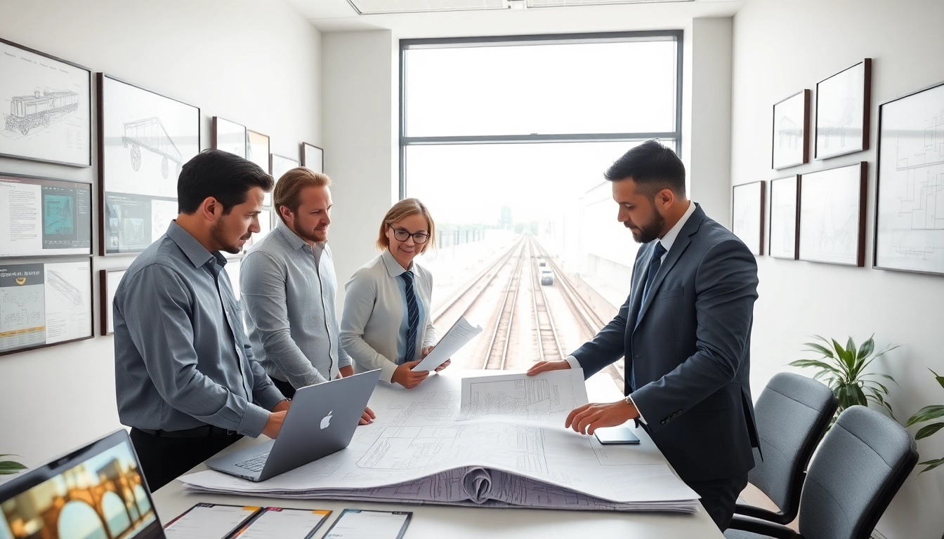 Railroad Design Consultants reviewing plans in a contemporary office setting.
