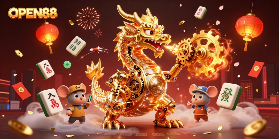Bet on OPEN88 as a dynamic golden dragon breathes gears in a vibrant casino scene.