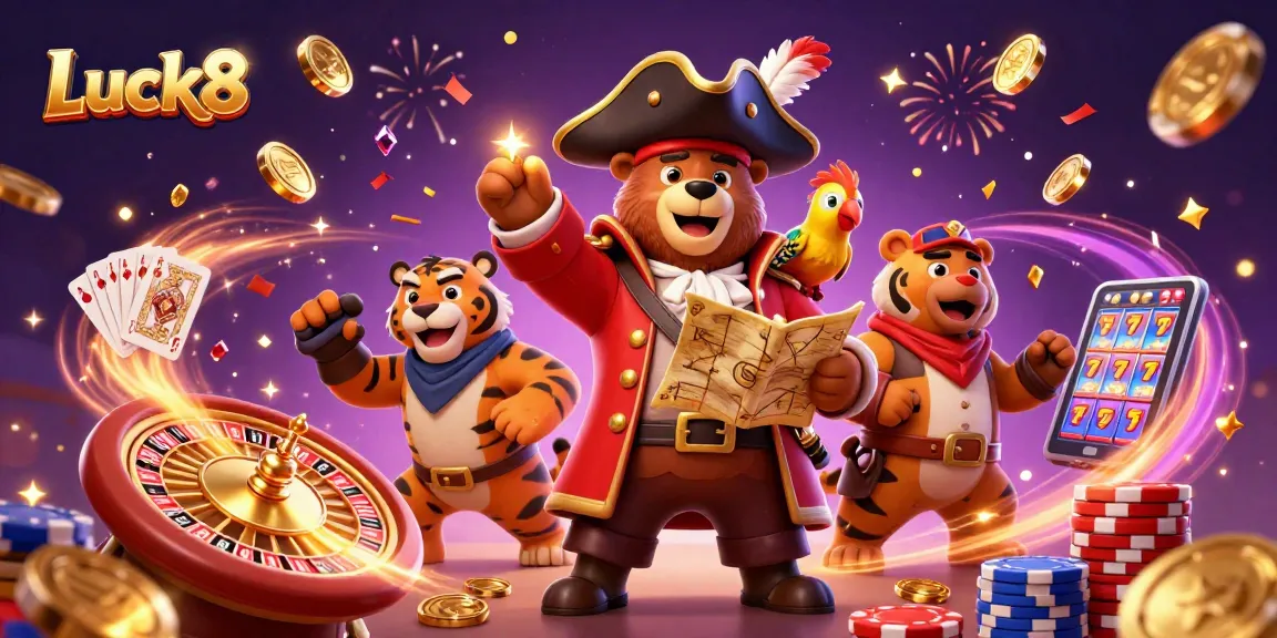 Luck8 pirates spinning roulette amidst cascading golden coins and vibrant gaming elements.