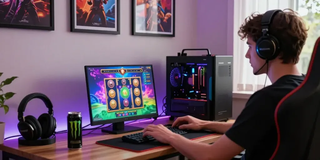 Engaged player exploring slot online games in a cozy gaming setup with vibrant graphics and accessories.