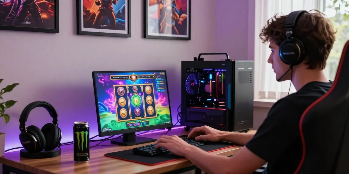 Engaged player exploring slot online games in a cozy gaming setup with vibrant graphics and accessories.