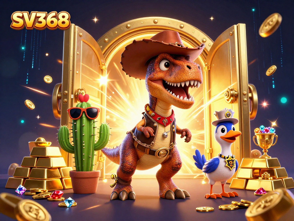 Win big at SV368 with a vibrant 3D casino scene featuring dynamic characters and treasures.