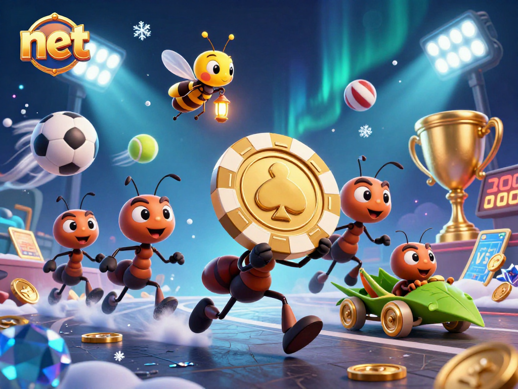 Experience the excitement of the net betting adventure with animated ants carrying a giant golden poker chip.