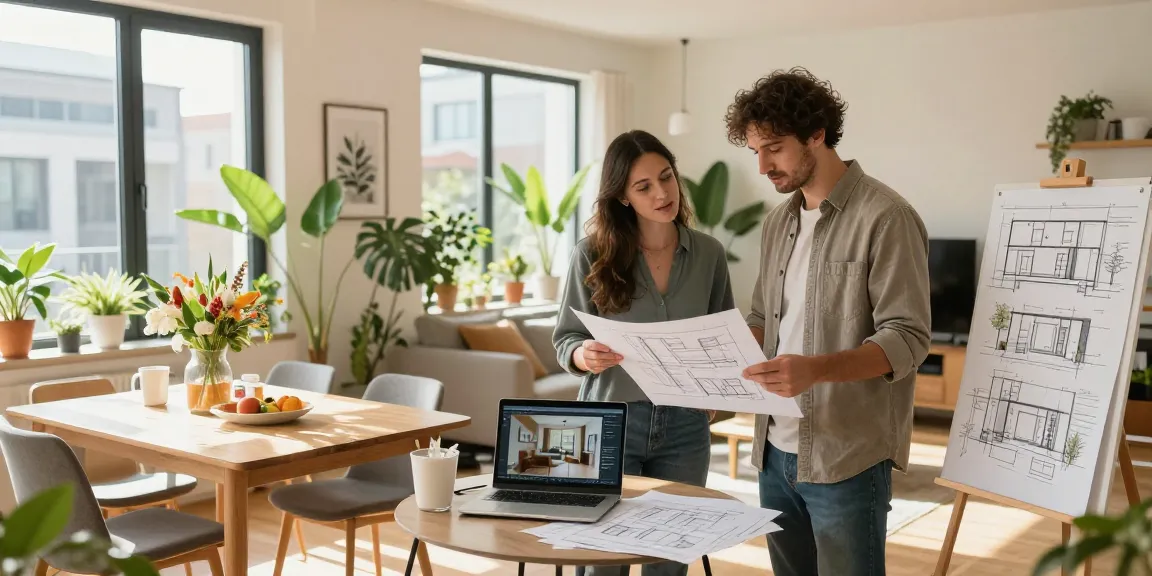 Woningunie: Moderne Wohnsituation mit Paar, das Renovierungspläne diskutiert