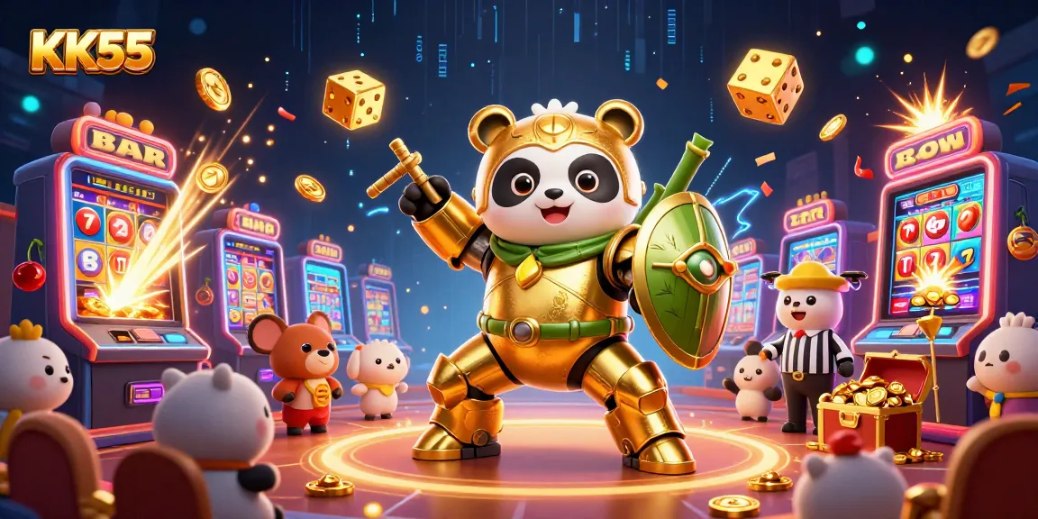 Engage in thrilling casino action with KK55 featuring a mech-suit panda and vibrant game elements.