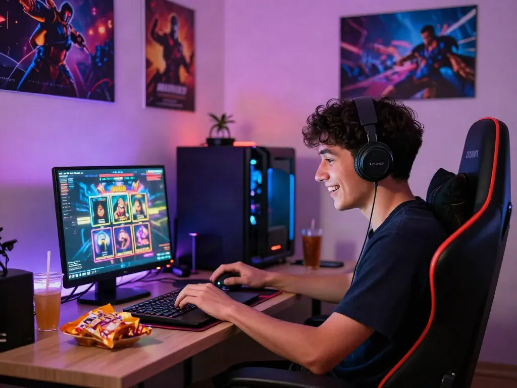 Player enjoying situs slot gacor game in a cozy gaming corner with vibrant lights and posters.