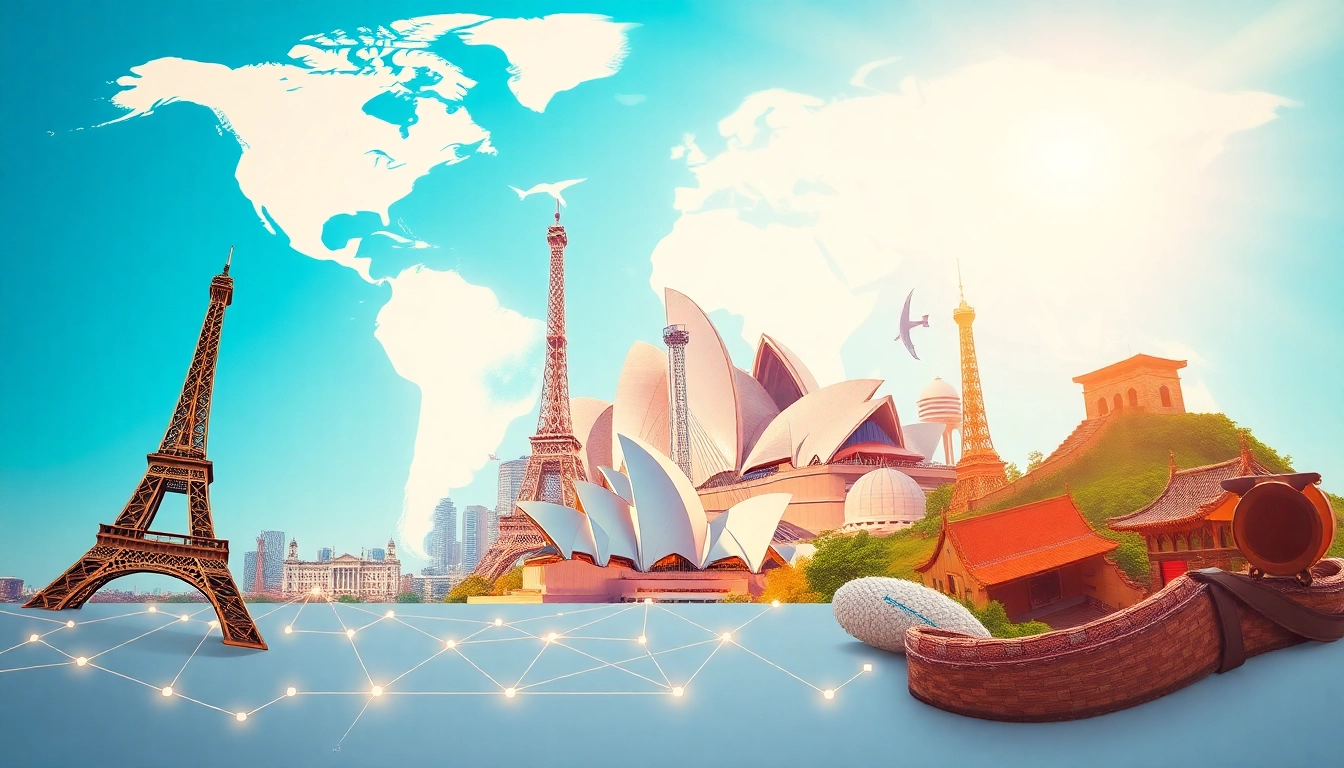 Captivating representation of round the world holidays showcasing famous landmarks and a world map.