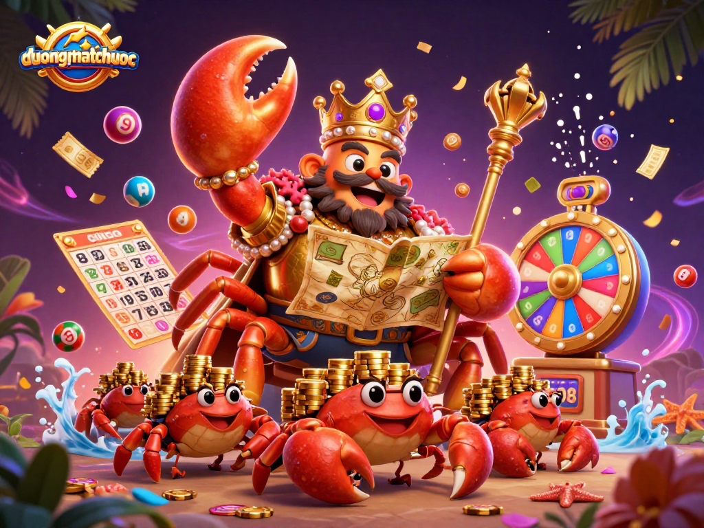 Dive into the excitement of duongmatchuoc with a vibrant illustration showcasing a golden crab emperor amid dynamic lottery elements.