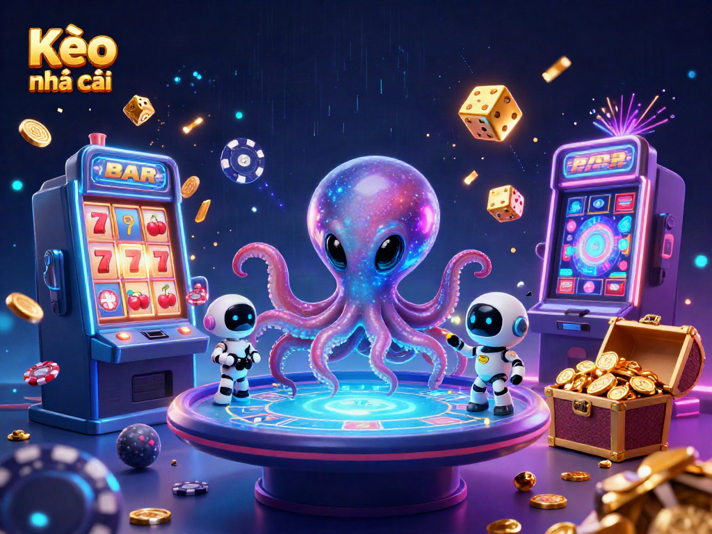 Kèo nhà cái inspired scene with an alien octopus and robot at a floating poker table, surrounded by jackpot elements.