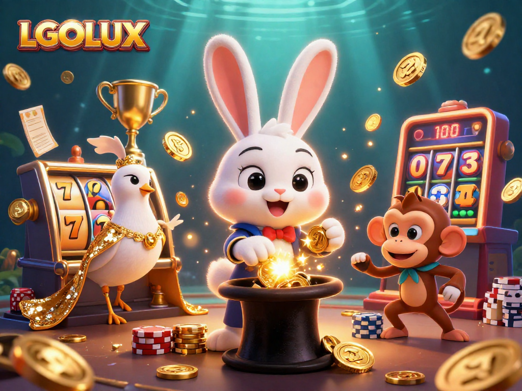 Engage in LGOLUX's thrilling slot experience with our colorful 3D illustration featuring vibrant characters and elements.