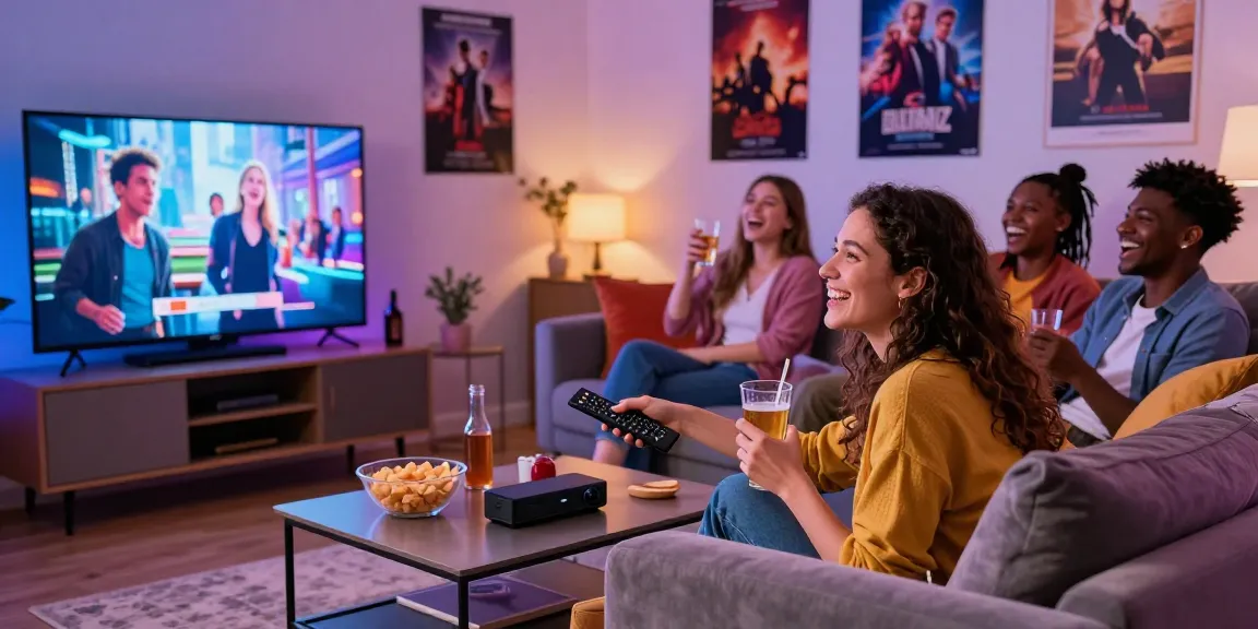Friends enjoying a movie night with 10pila streaming service in a cozy living room.