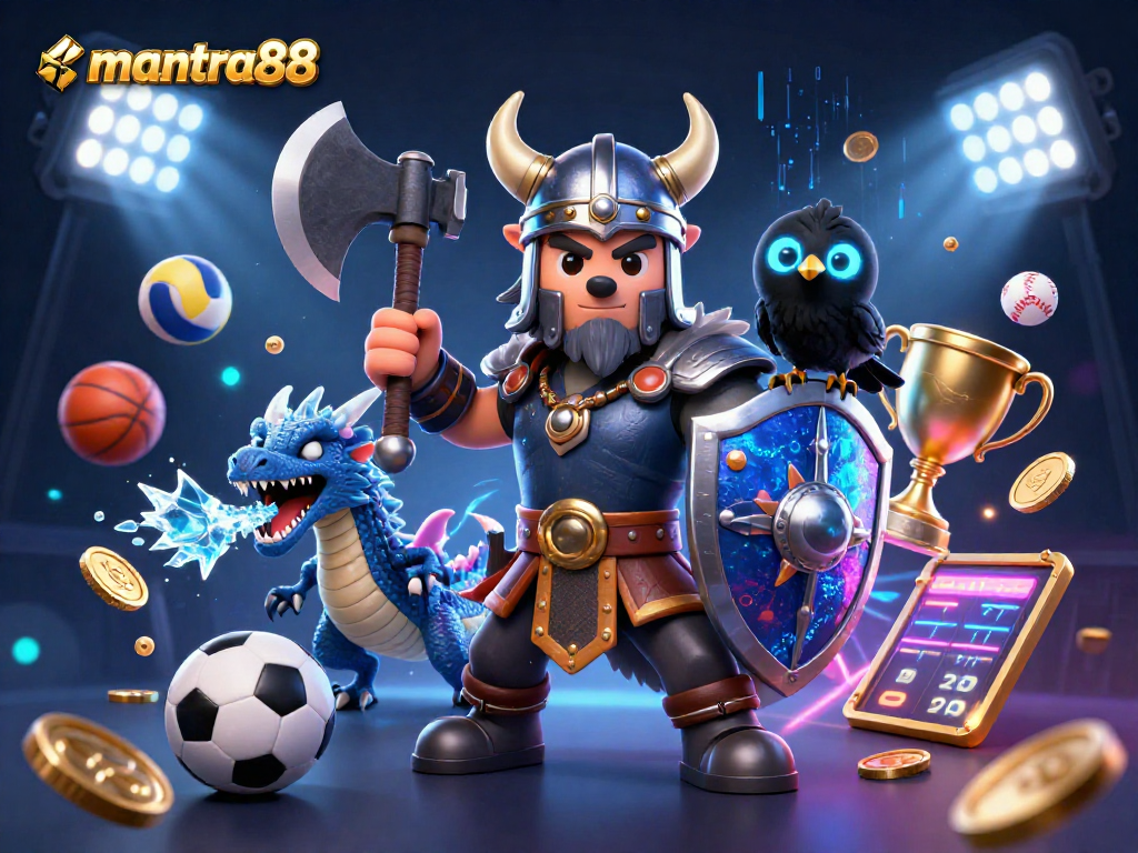 Experience excitement with mantra88 in a vibrant 3D cartoon gaming scene with dynamic sports elements.