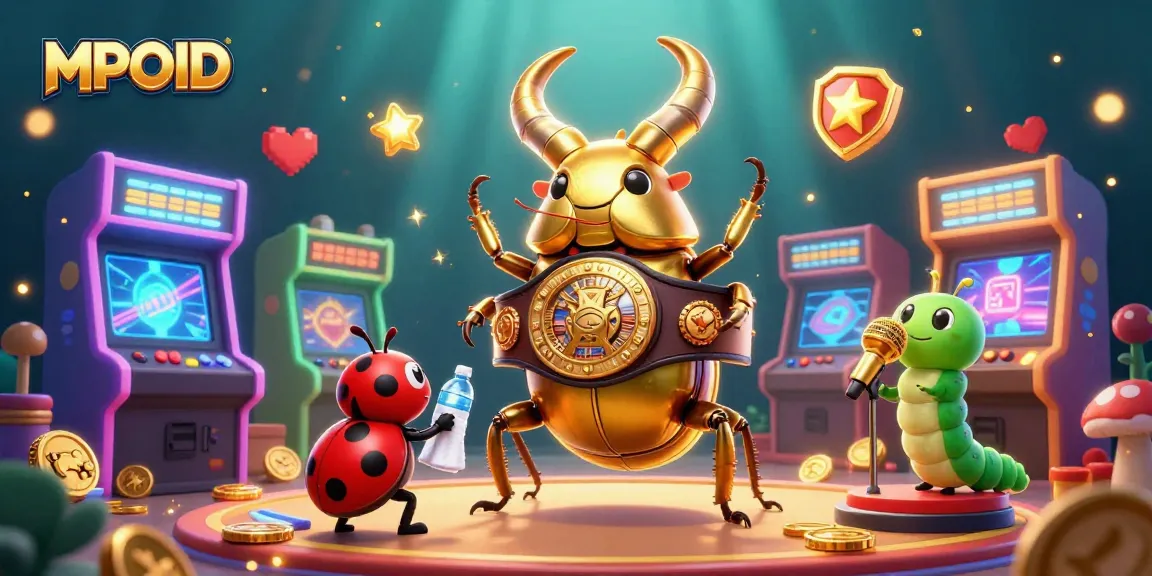 MPOID showcases a vibrant casino scene with characters, gaming machines, and sparkling elements.