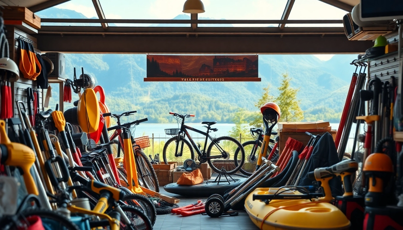 Discover whitefish equipment rental with a vibrant display of diverse tools and outdoor gear.