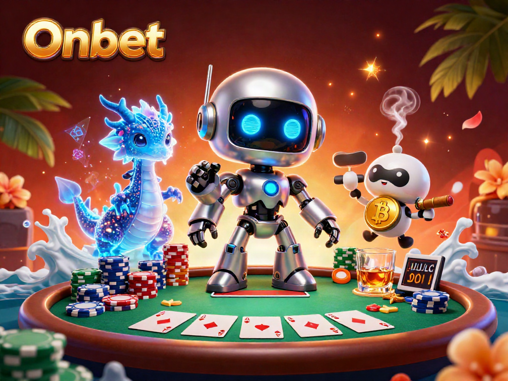 Experience thrilling poker action at Onbet with charming characters and vibrant casino imagery.