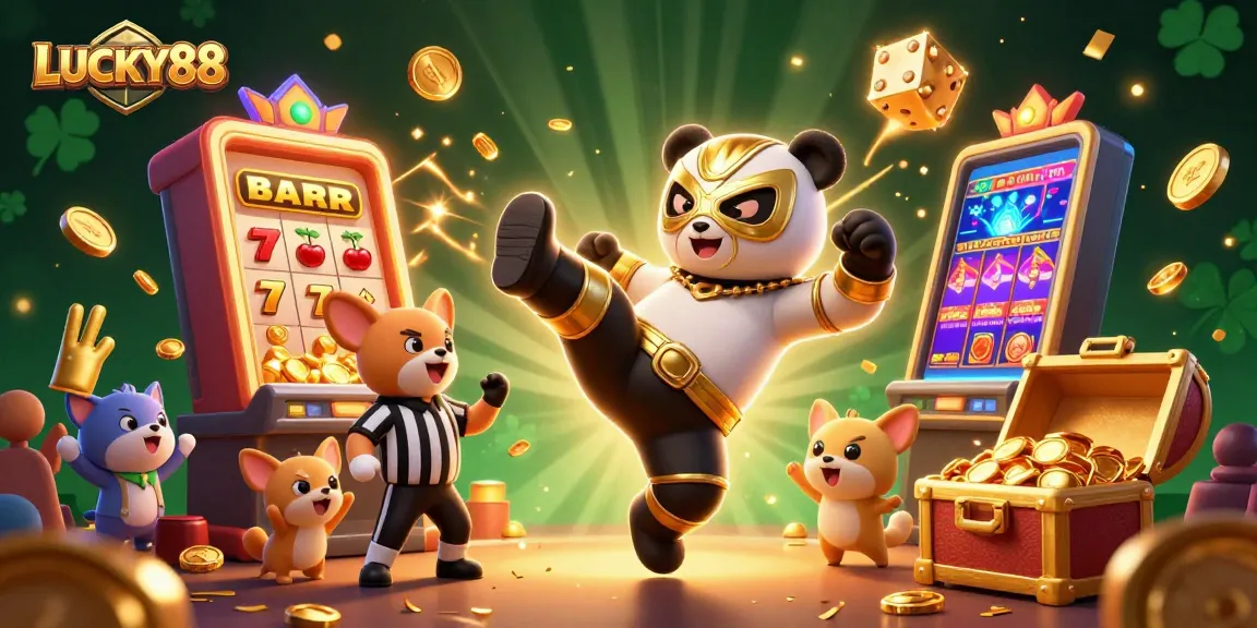 LUCKY88 showcases a lively casino scene with a wrestling panda and a slot machine bursting with winnings.