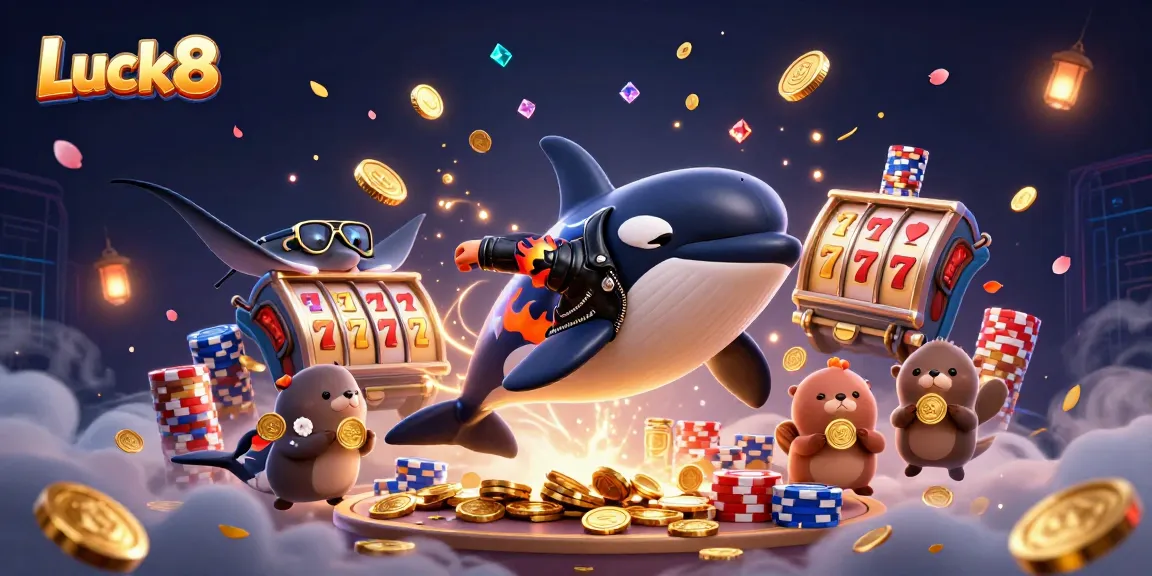 Experience thrilling gameplay with Luck8 featuring a vibrant orca, stingray, and otters in a dynamic casino scene.