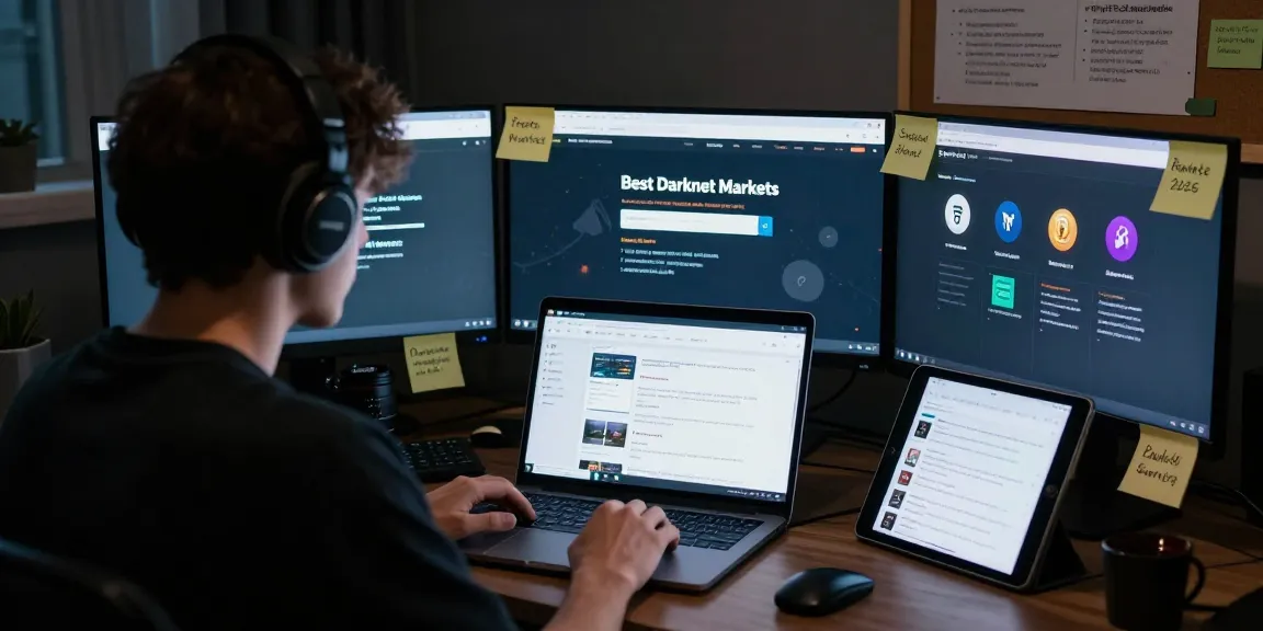 Scene illustrating the Best Darknet Markets 2026 with a user researching secured marketplaces on glowing screens.