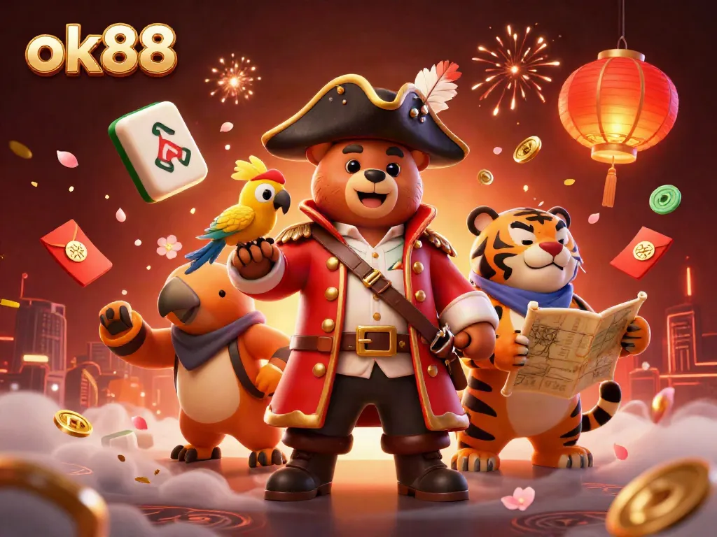 Experience exhilarating gaming with ok88 in a vibrant 3D illustration featuring pirates and treasures.