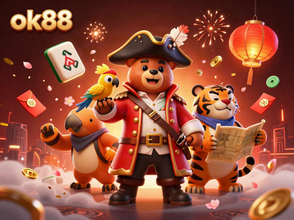 Experience exhilarating gaming with ok88 in a vibrant 3D illustration featuring pirates and treasures.