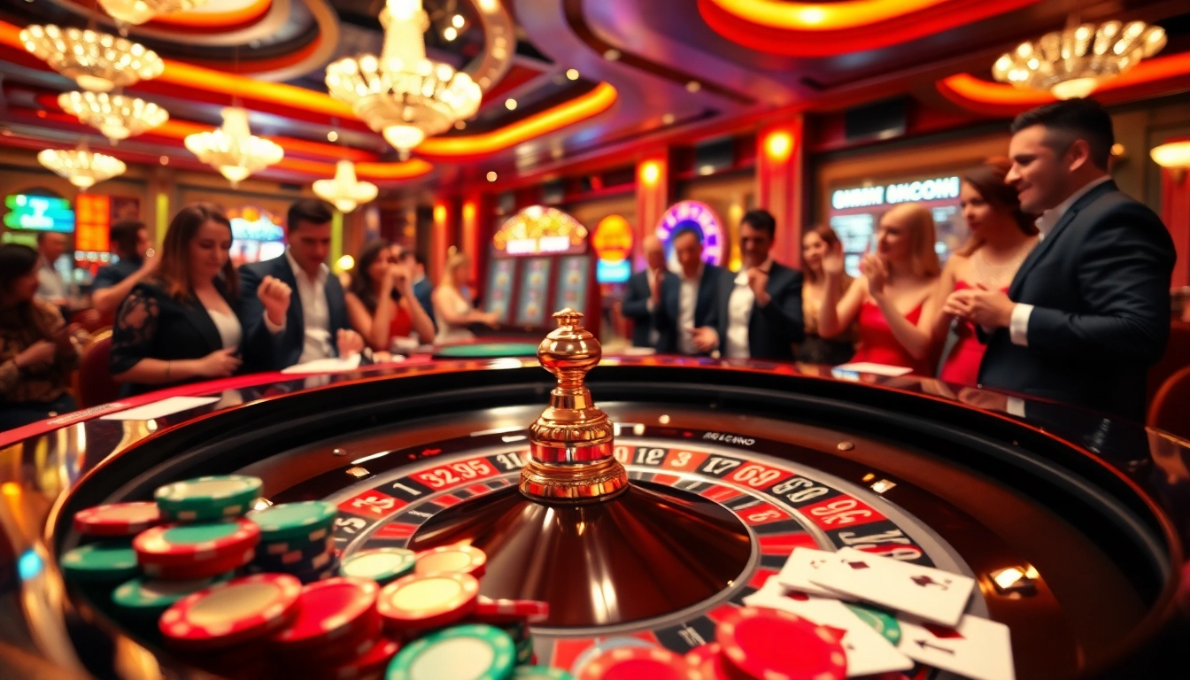Bermain bbtn4d di meja roulette dengan suasana kasino yang meriah dan penuh warna.