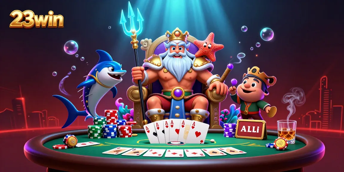 Engage in thrilling poker action with 23win as Neptune oversees colorful chips and cards.