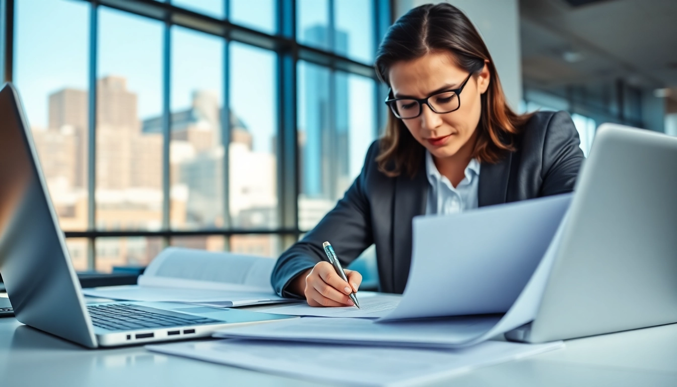Consultant analyzing Federal and State contracts, grants in a bright office environment.
