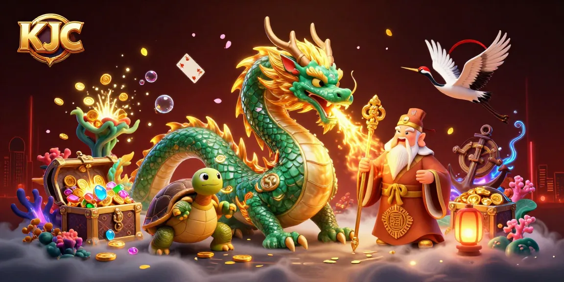 KJC brings luck with a massive dragon, golden treasures, and mystical creatures in a vibrant casino scene.