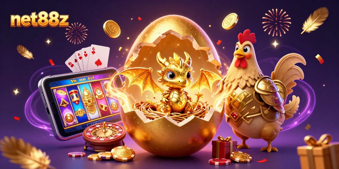 Experience the thrilling world of net88z with a golden dragon guarding poker chips and dynamic game elements.