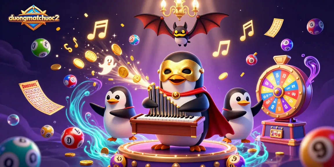 Engage with duongmatchuoc2’s vibrant gameplay as a 3D cartoon penguin channels energy with golden coin effects and colorful lottery elements.