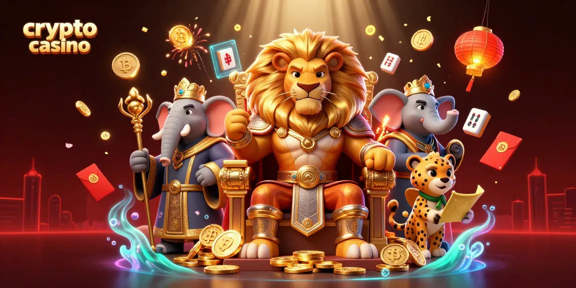 Juega en un emocionante crypto casino con un león rey y monedas brillantes rodeados de elementos del juego.