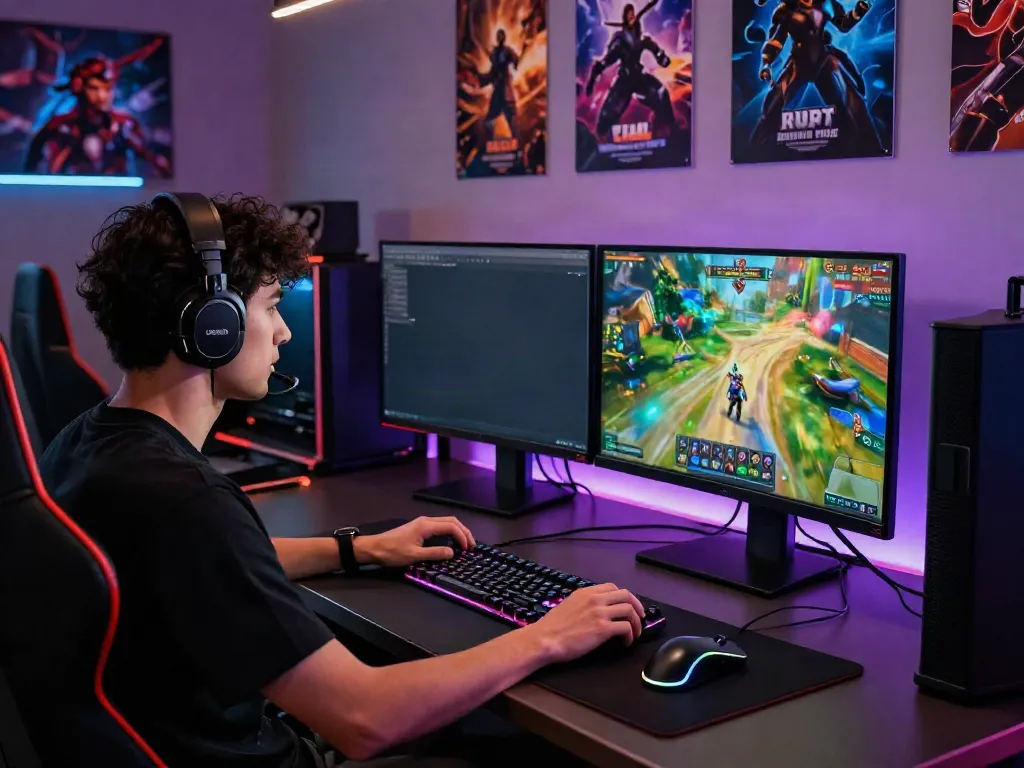 Immersive gaming setup showcasing qqmacan alternatif gameplay with dual monitors and vibrant graphics.