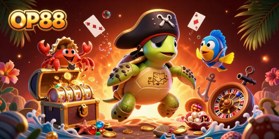 Engage in gaming at OP88 with vibrant slot reels amidst an exciting underwater treasure scene.