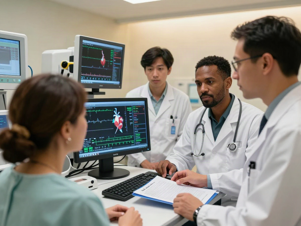Heart transplant specialists collaborating in a modern healthcare setting with advanced medical technology.