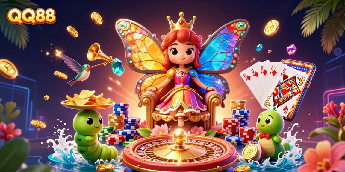 Win big at QQ88 with a dynamic scene filled with casino excitement and vibrant characters.