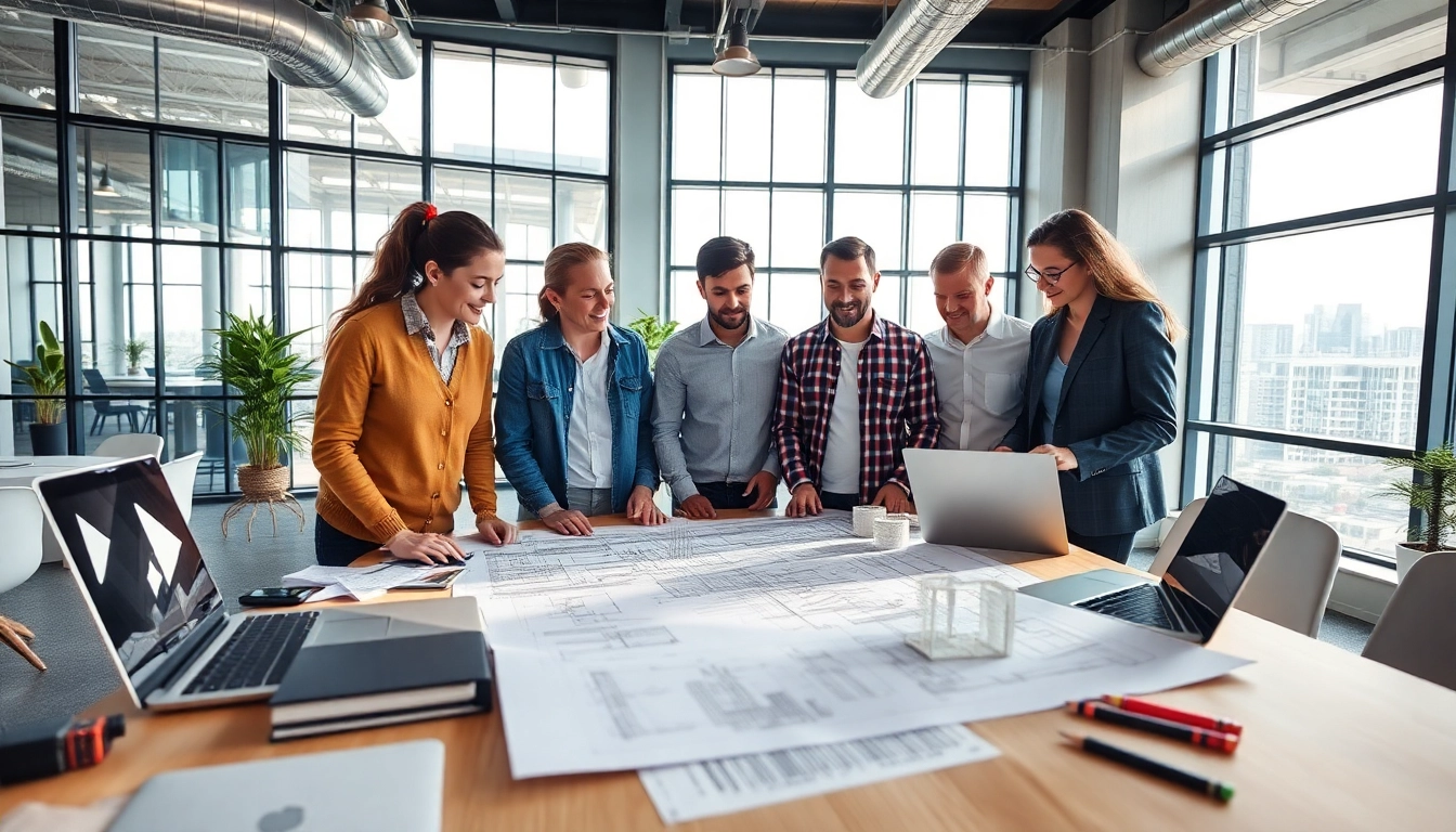Engineers collaborating on structural engineering services in a bright office environment.