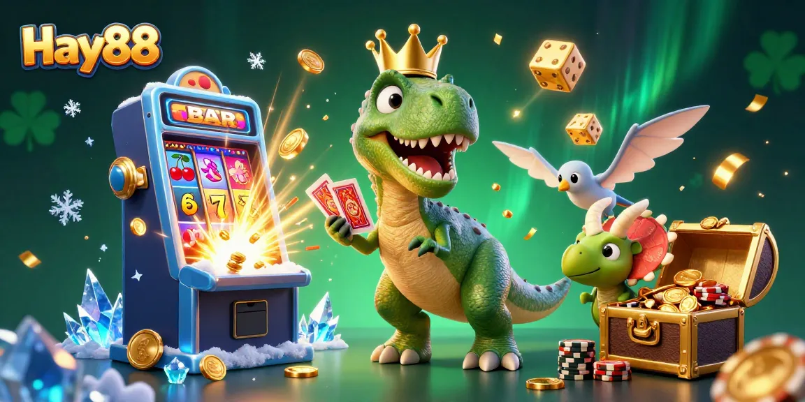 Hay88 offers exciting gaming experiences with a cartoon T-Rex and friends amidst a jackpot explosion.