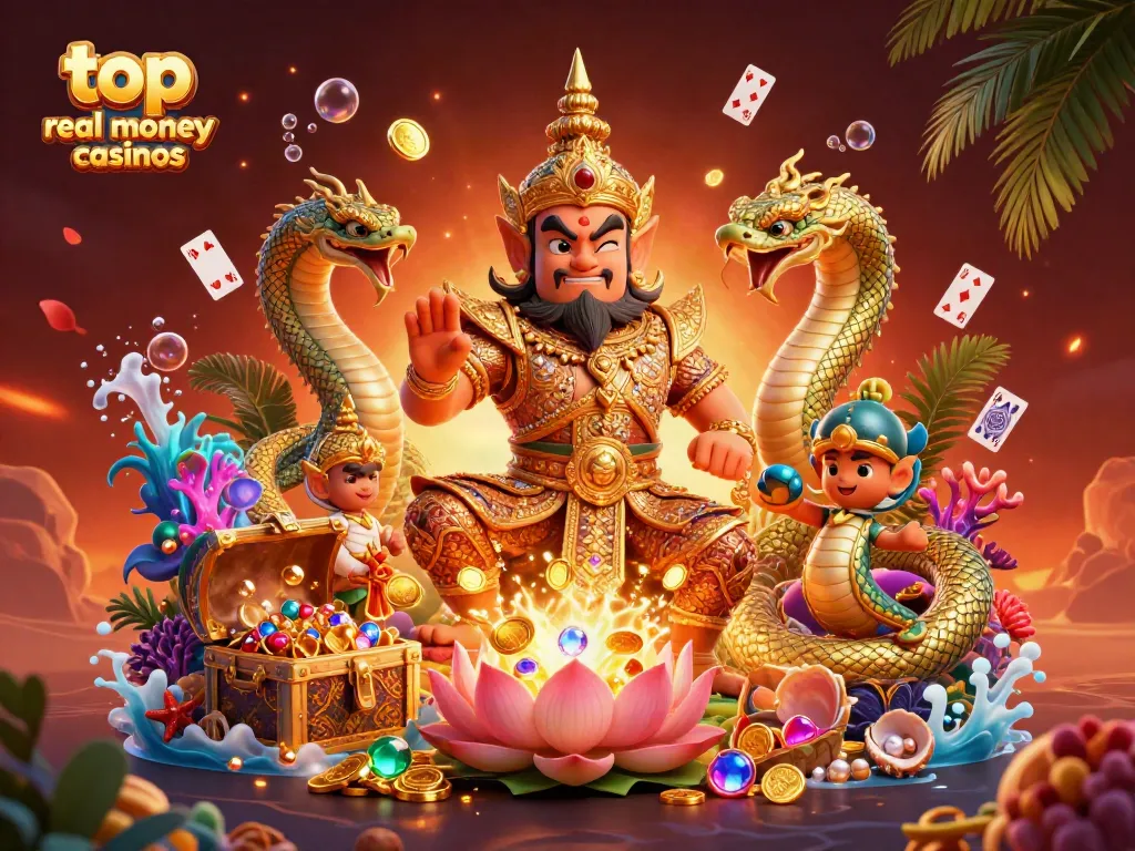 Exciting scene illustrating top real money casinos with a cheerful yaksha guardian and vibrant treasures