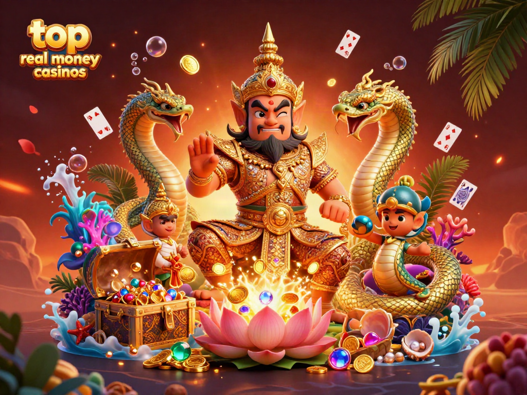 Exciting scene illustrating top real money casinos with a cheerful yaksha guardian and vibrant treasures