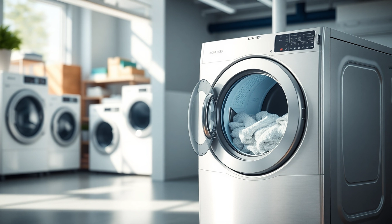 Schulthess tumbler drying vibrant laundry in a modern laundry room setup.
