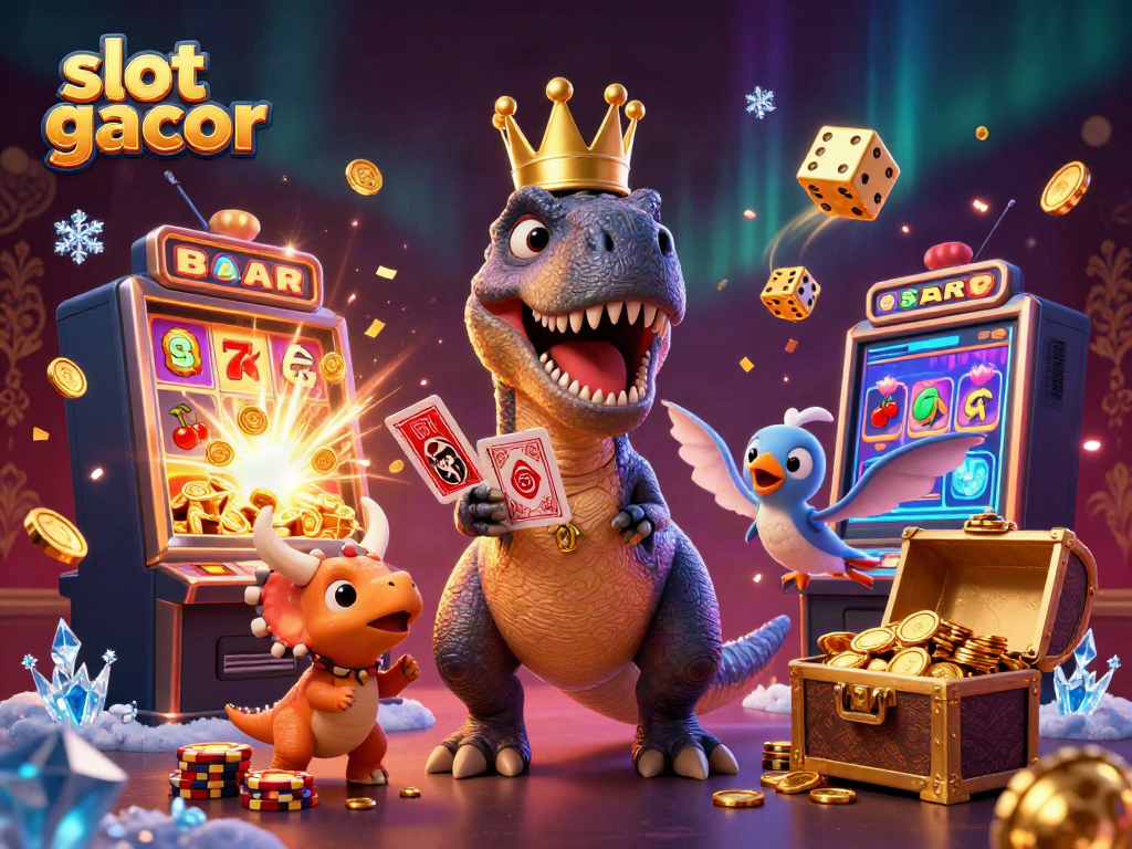 Slot gacor menyenangkan dengan karakter dinosaurus dan mesin slot dalam ilustrasi 3D yang menarik.