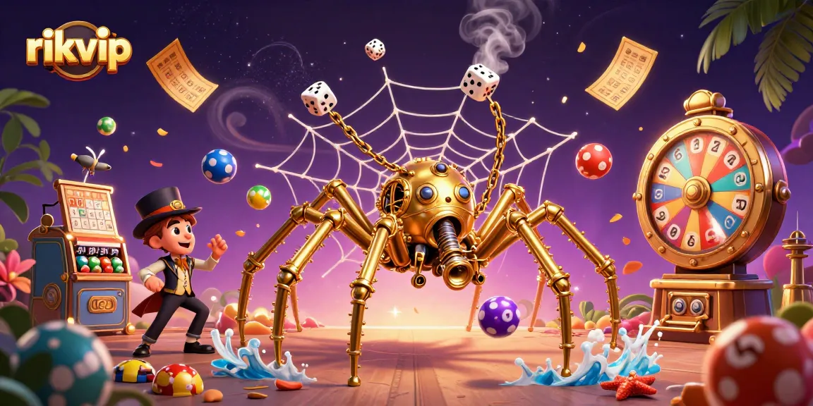 The dynamic scene showcases rikvip's captivating golden spider and playful gambling elements, enhancing your gaming experience.