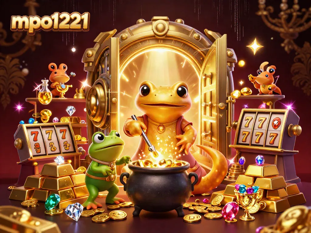 Experience mpo1221 excitement with a vibrant 3D casino scene featuring golden characters and slot elements.