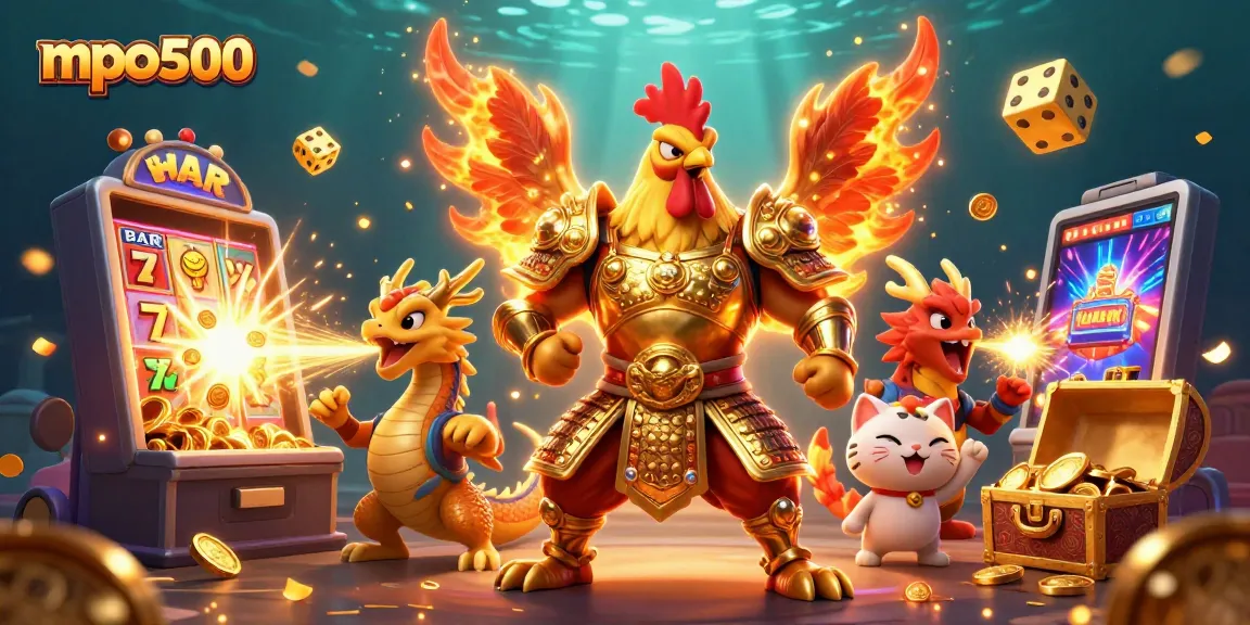 Watch the powerful mpo500 rooster warrior alongside a fierce dragon hatchling in an exciting casino scene.