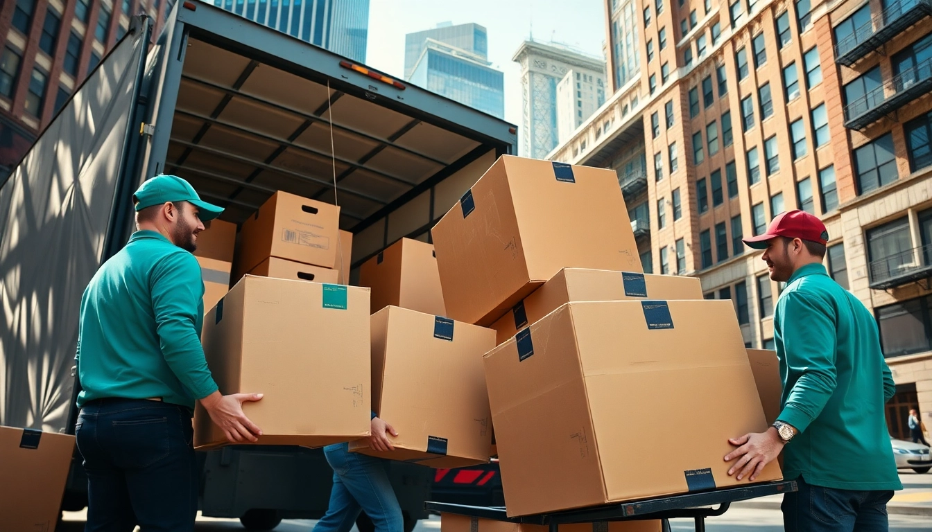 Efficient movers in New York moving company loading boxes into a truck with NYC skyline.