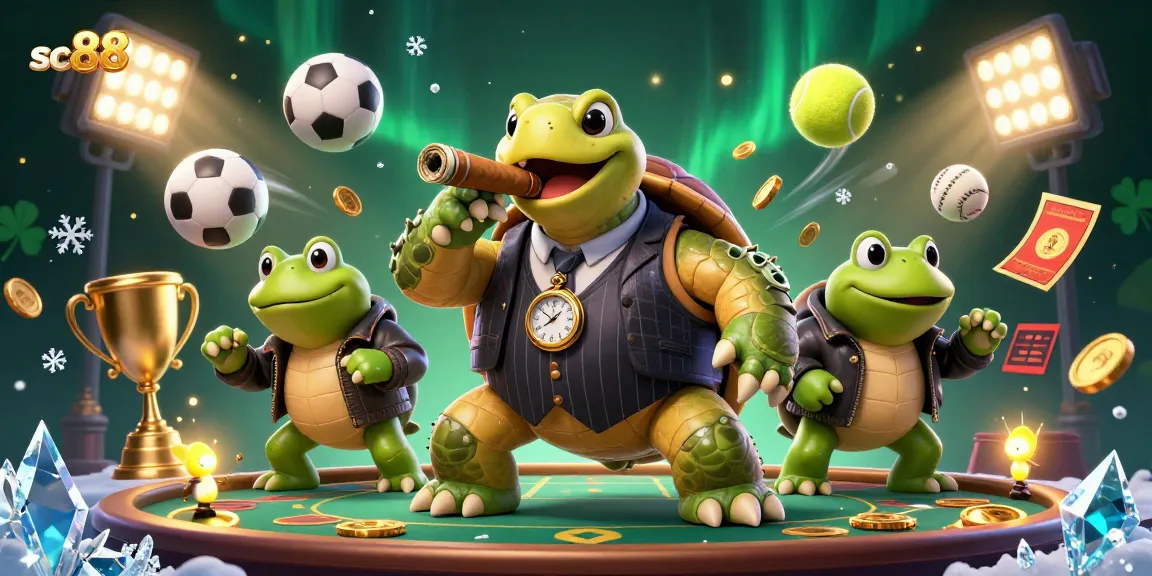 Experience thrilling sports betting action with sc88's majestic snapping turtle and bullfrog enforcers in vibrant 3D illustration.