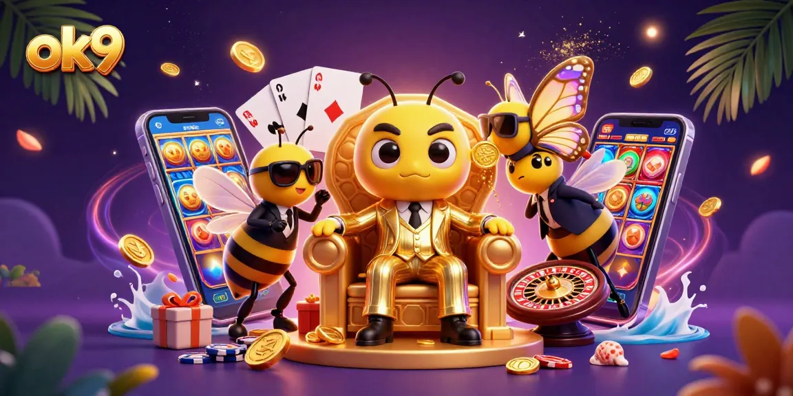 Engage in thrilling gaming action with ok9's colorful slots and rewards in a vibrant casino scene.