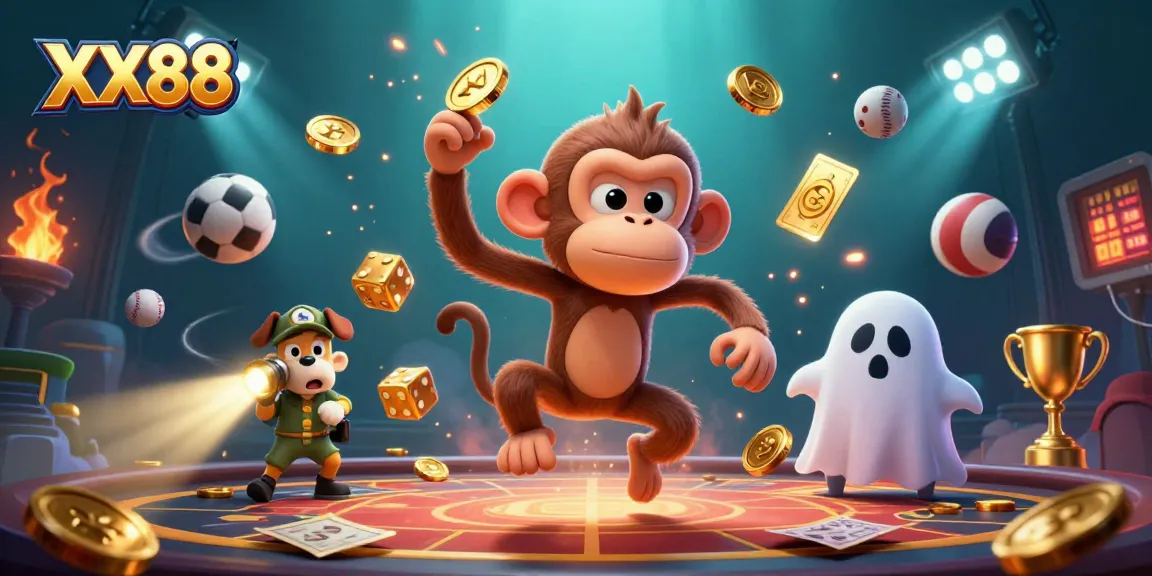 Engage in exhilarating gaming at XX88, with a playful ghost monkey and a curious puppy in a haunted casino scene.